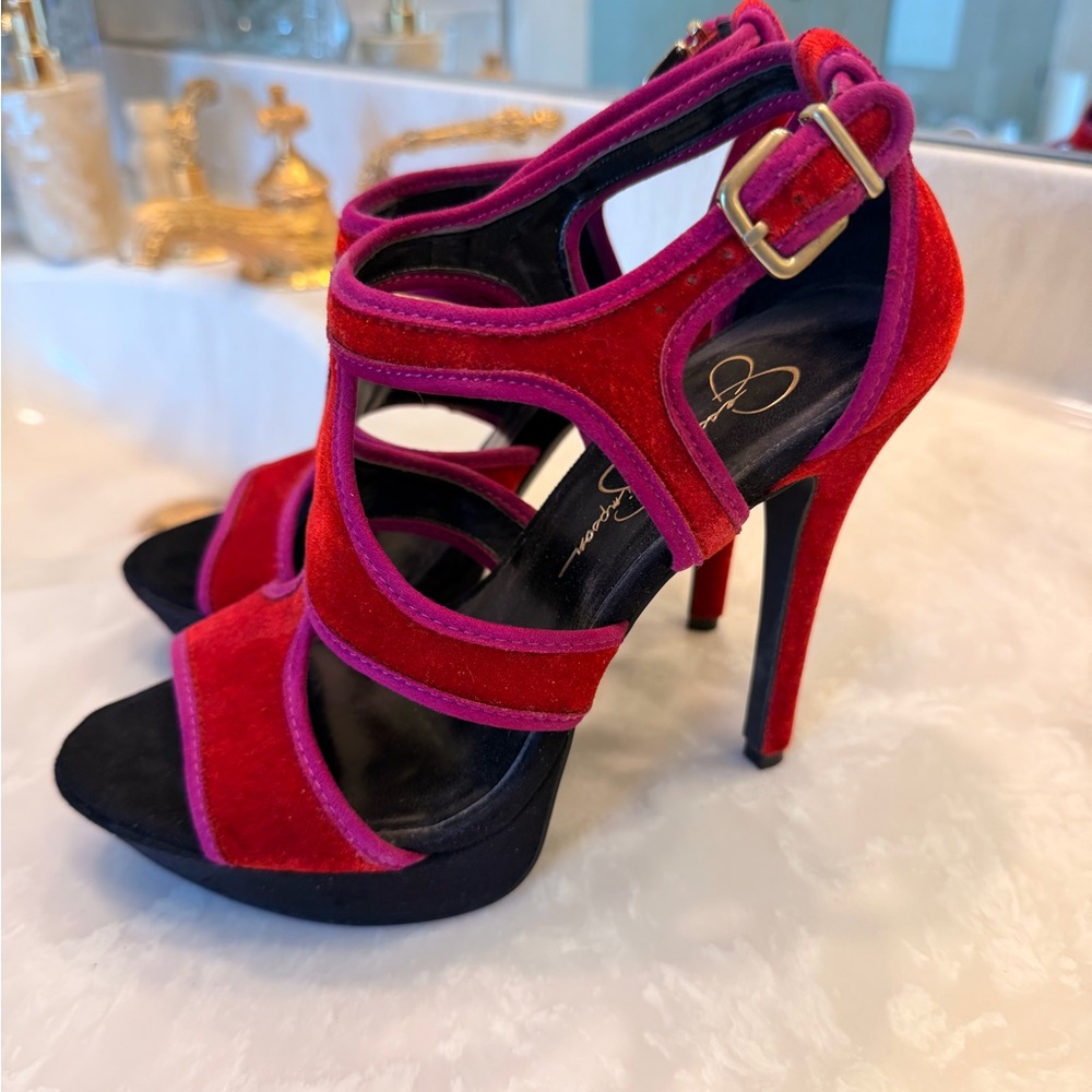 Jessica Simpson BRUNO Very Red Velvet Platforms Strappy Heels Shoes, 7M - Picture 3 of 12